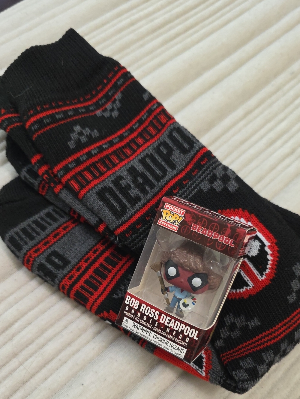 Marvel Black & Red Deadpool Socks with Bob Ross Fun Pop Keychain